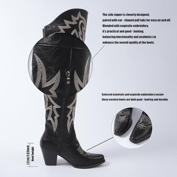 ⚡Women’s Black Knee Western Cowboy Boots Square Toe PU Leather Embroidered - Picture 4 of 8